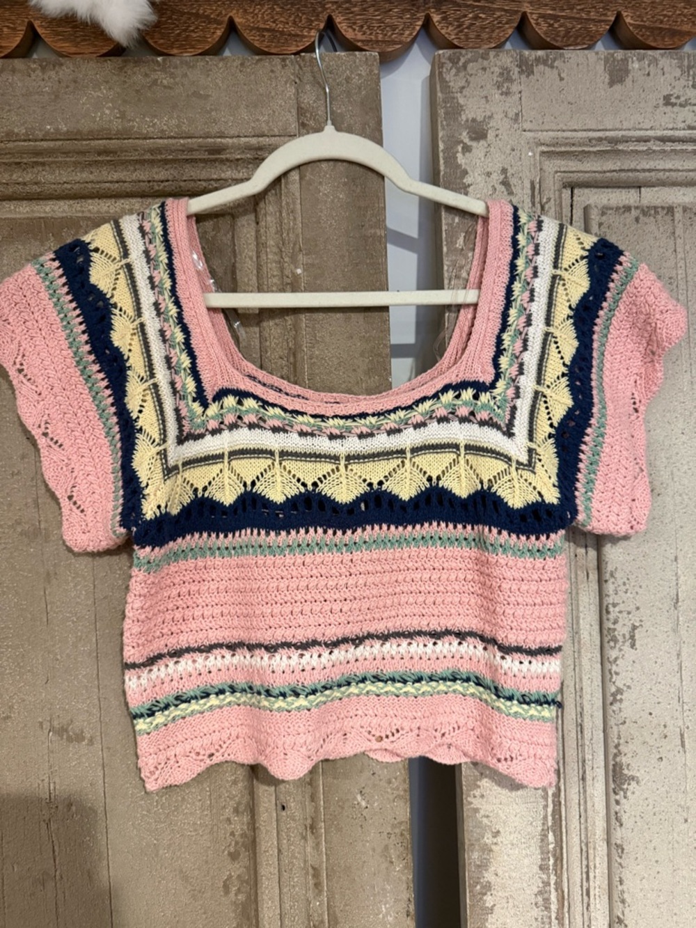 POL Pink Crochet Crop Top with Navy and Cream Accents